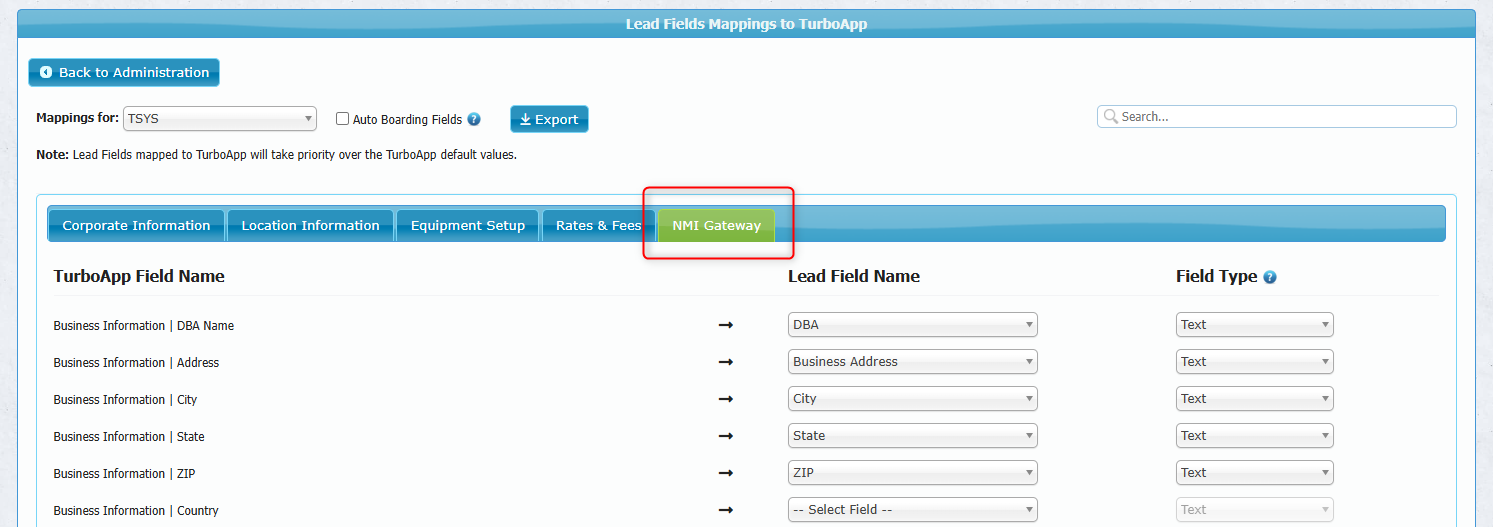 NMI Gateway field mapping example
