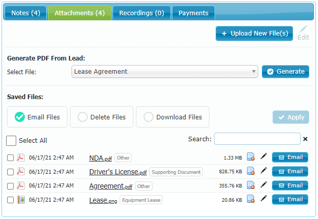 Lead Attachments tab showing available document actions