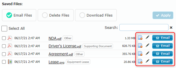 Action icons for managing uploaded lead attachments