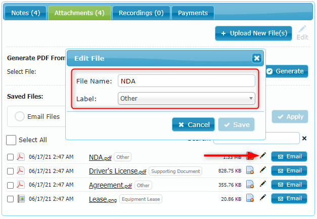 Attachment editing window for changing the file name and label