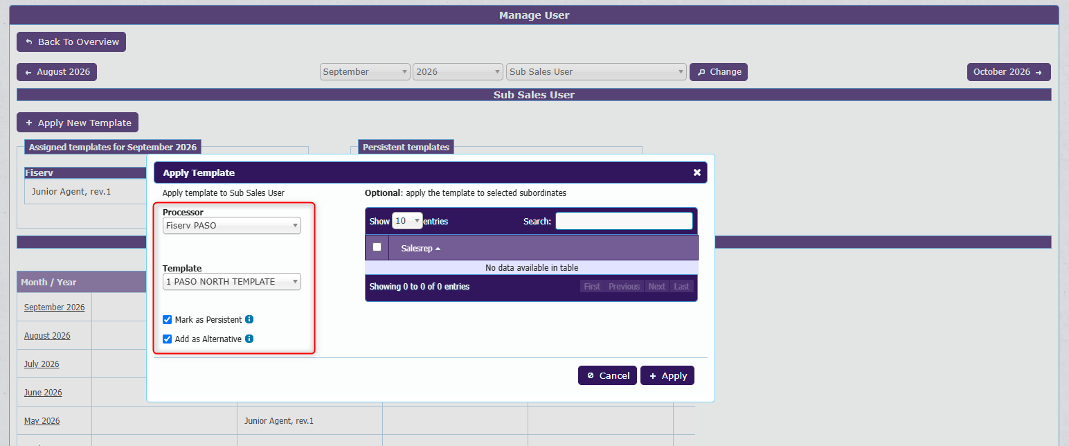 Template settings with Mark as Persistent and Add as Alternative options