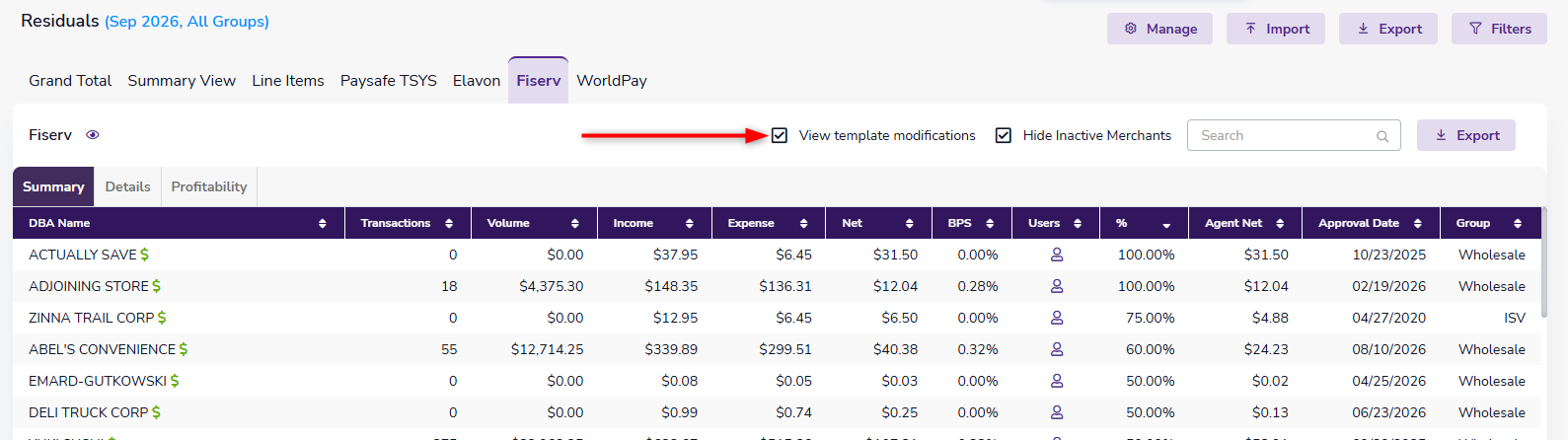 View Template Modification checkbox in the residuals report