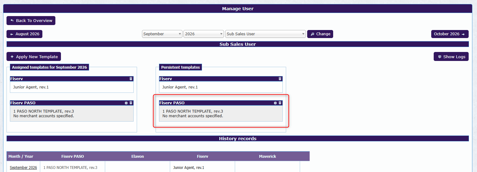 Alternative template displayed in the Persistent Templates section