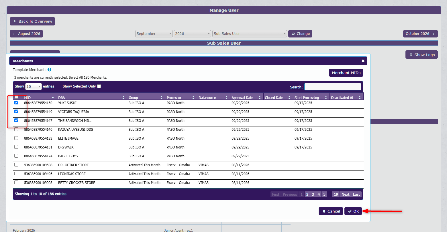 Merchant account selection window