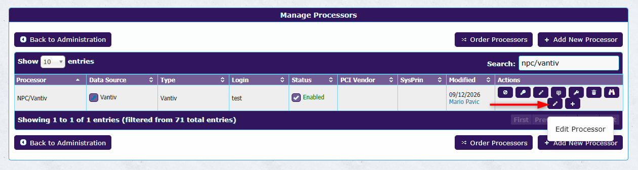 Edit Processor icon for a Vantiv processor