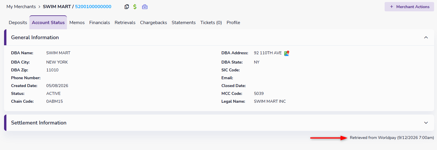 Worldpay retrieval source and timestamp on the Merchant Details page
