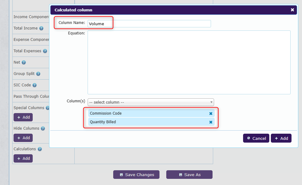 Dialog for naming a calculated column and selecting source columns