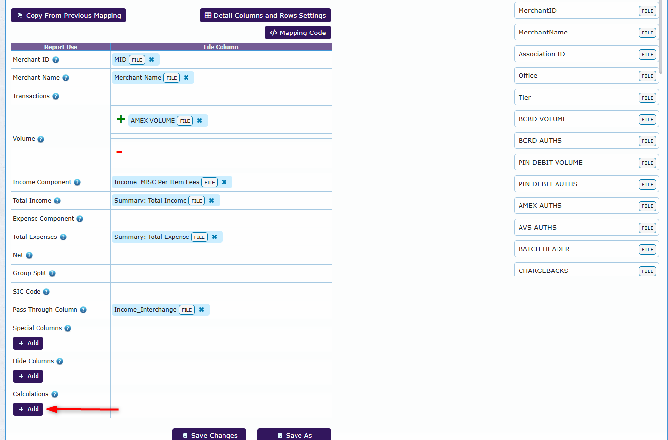 The Calculations row on the residual report mapping page