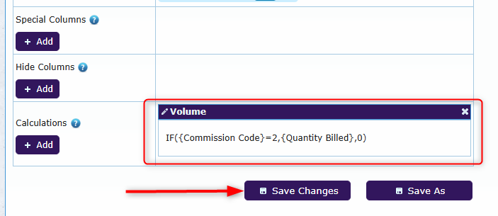 A saved calculated column in the Calculations row
