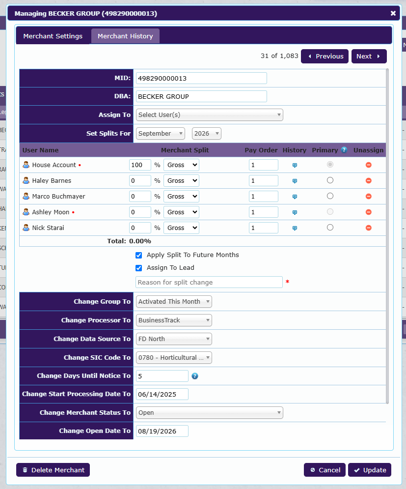 Merchant settings window