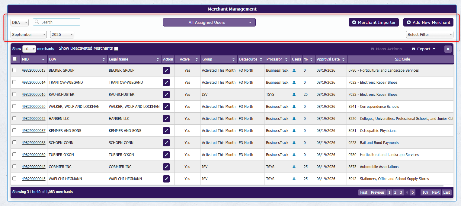Merchant search and filter options