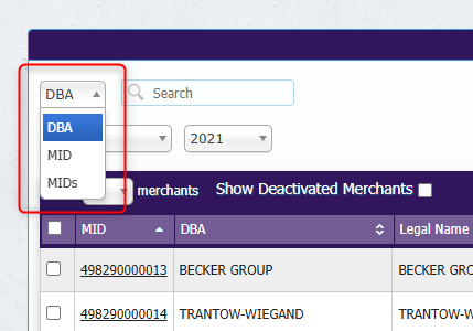 Search options for DBA name and MID