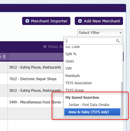 Saved searches in the filter menu