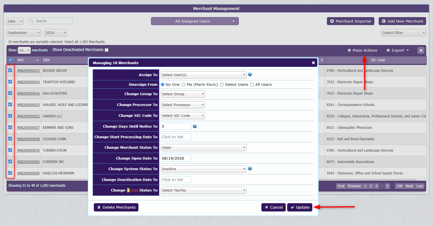 Merchant Mass Actions window