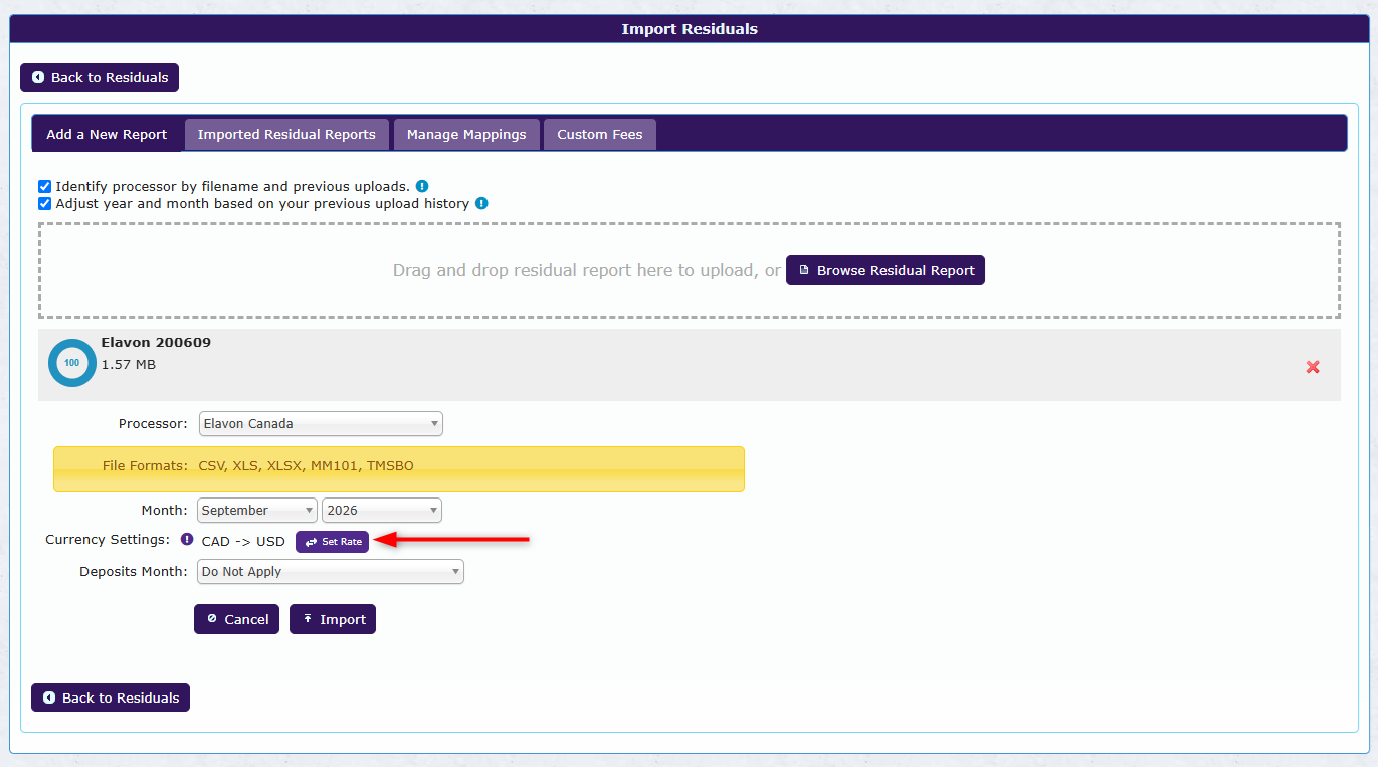 Selecting a currency when importing a residuals report