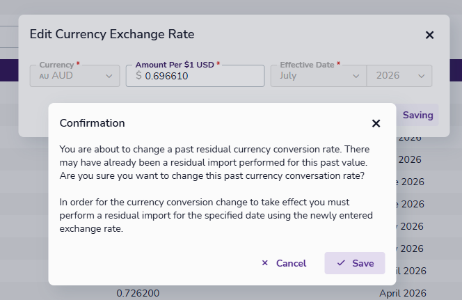 Warning displayed when updating an exchange rate