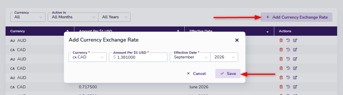 Form for adding a currency exchange rate