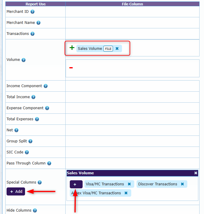 Special Column and Total Sales Volume field mapping