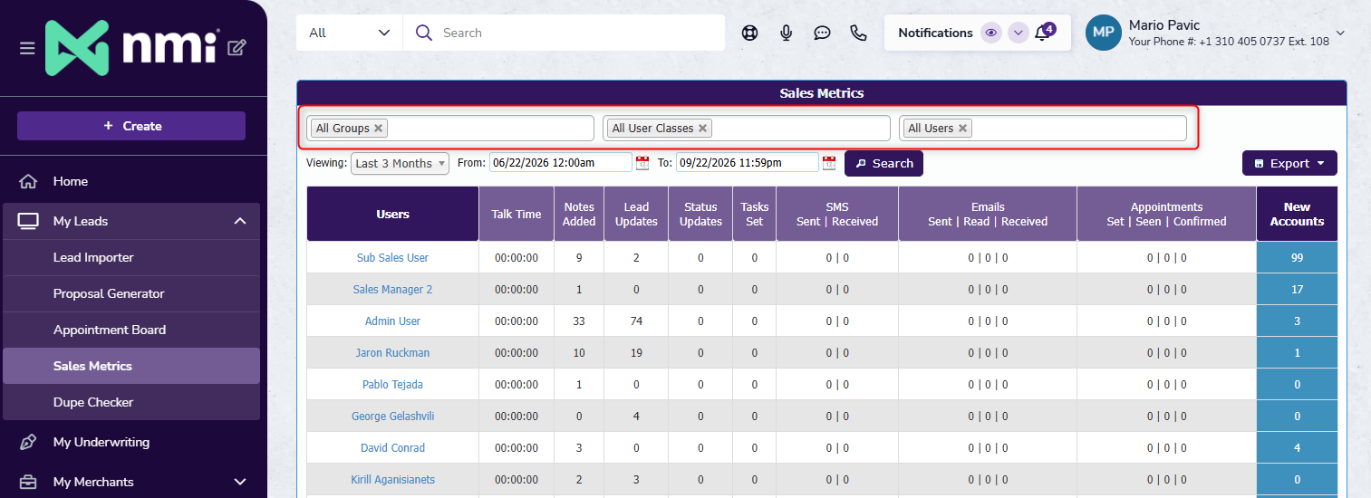 Group, User Class, and User filters on the Sales Metrics page