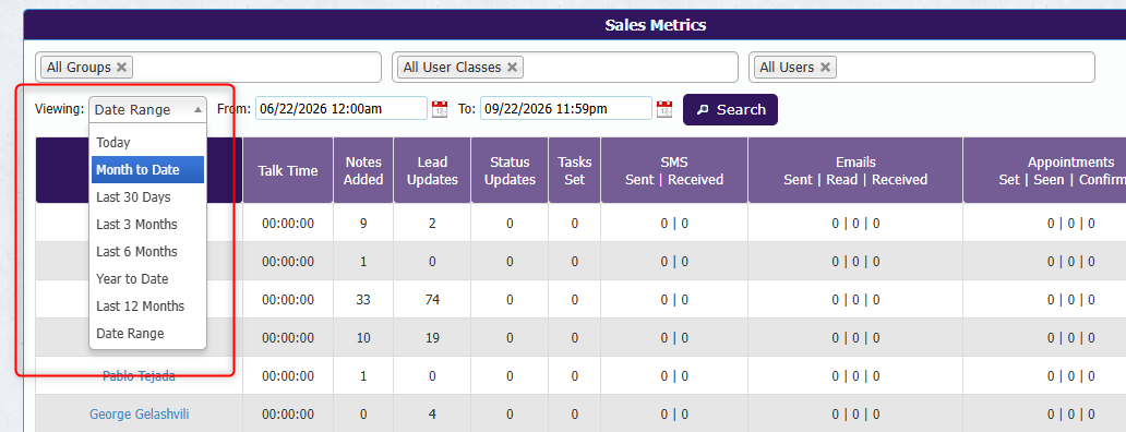 Predefined time ranges in the Viewing dropdown