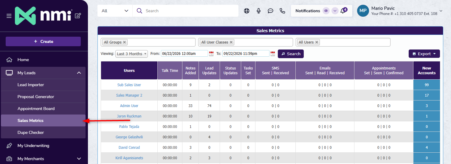 Sales Metrics page in Merchant Central