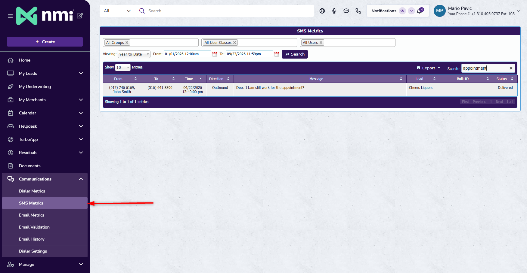 SMS Metrics under Communications in Merchant Central
