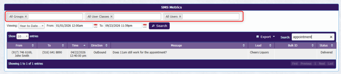 Group, User Class, and User filters with the Search button