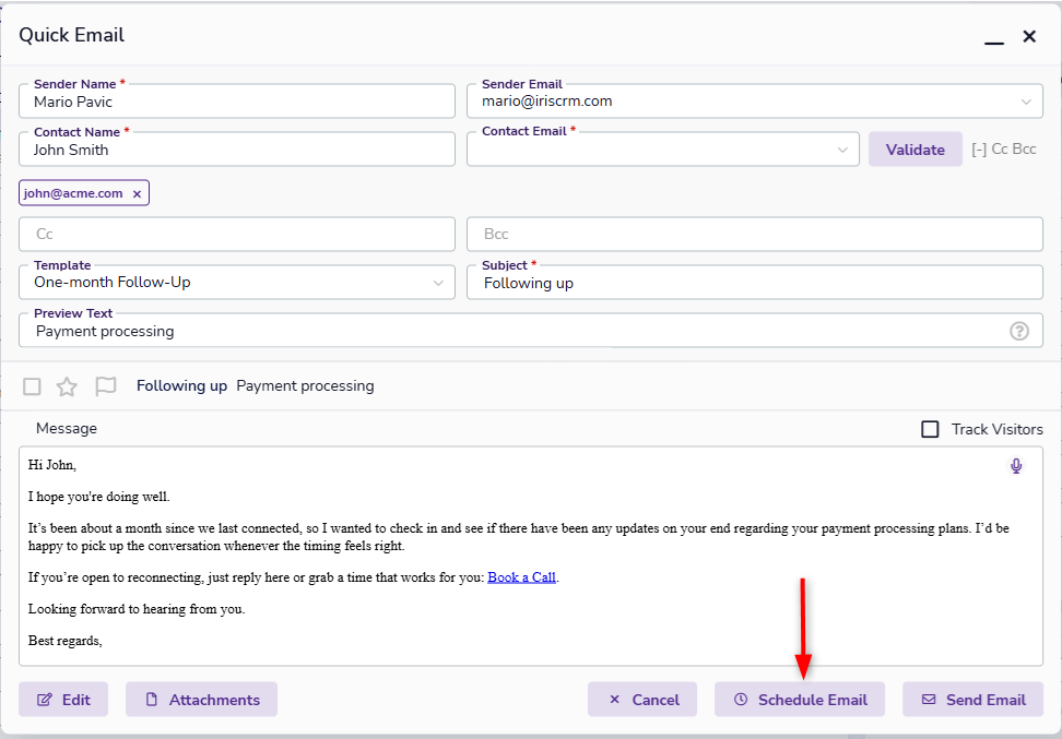 Schedule Email button in the email editor