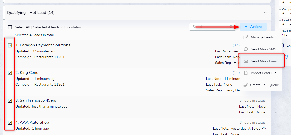 Send Mass Email option under Actions on the My Leads page