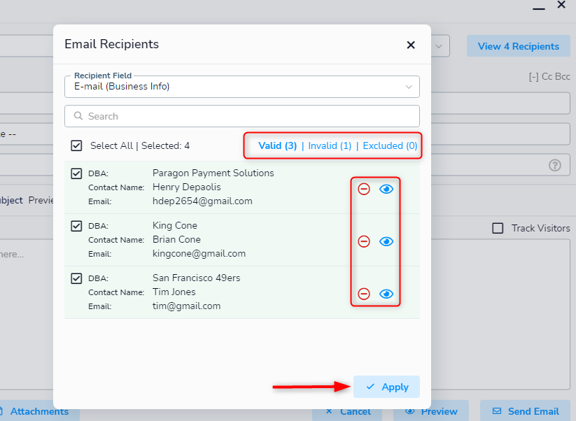 Email Recipients pop-up with Valid, Invalid, and Excluded groups