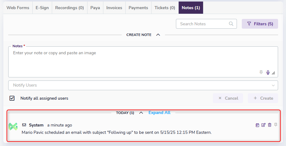 Scheduled email note on the lead page