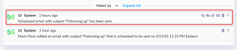 Sent email confirmation note with action icons
