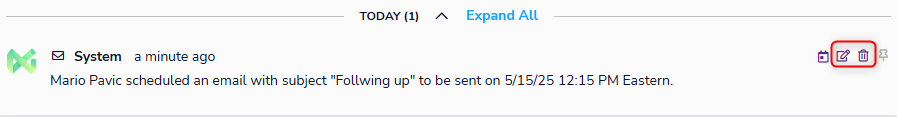 Edit and delete icons on the scheduled email note