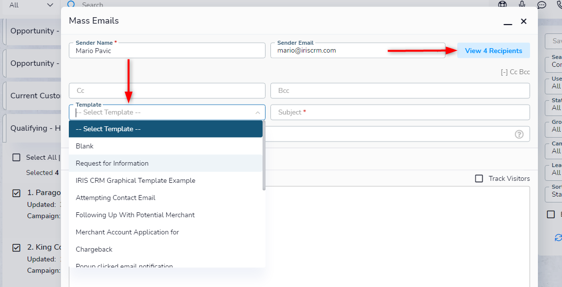 Mass email window with View Recipients button