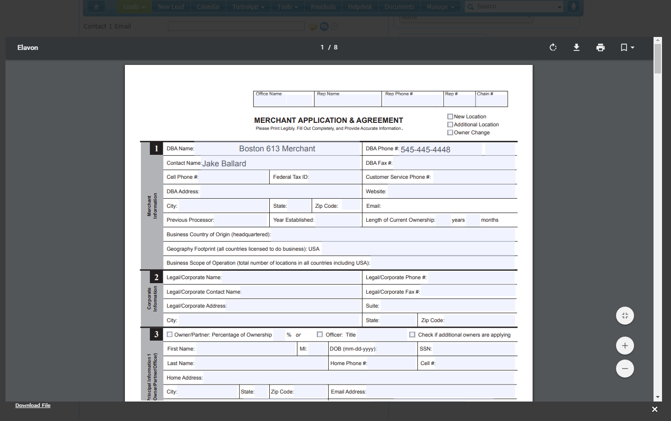 PDF document displayed in the CRM preview window