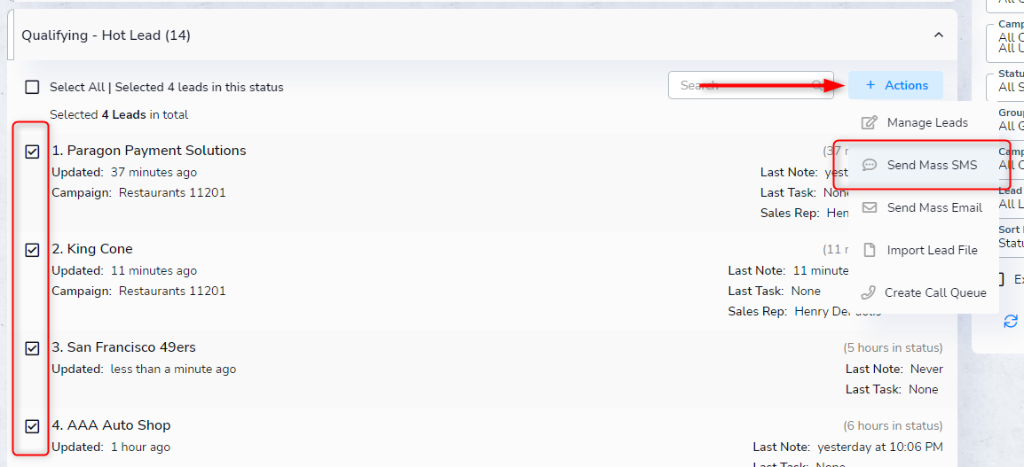 Send Mass SMS option in the Actions menu