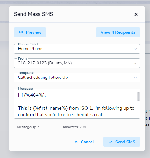 Send Mass SMS popup settings