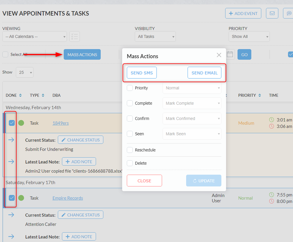 Calendar Mass Actions menu