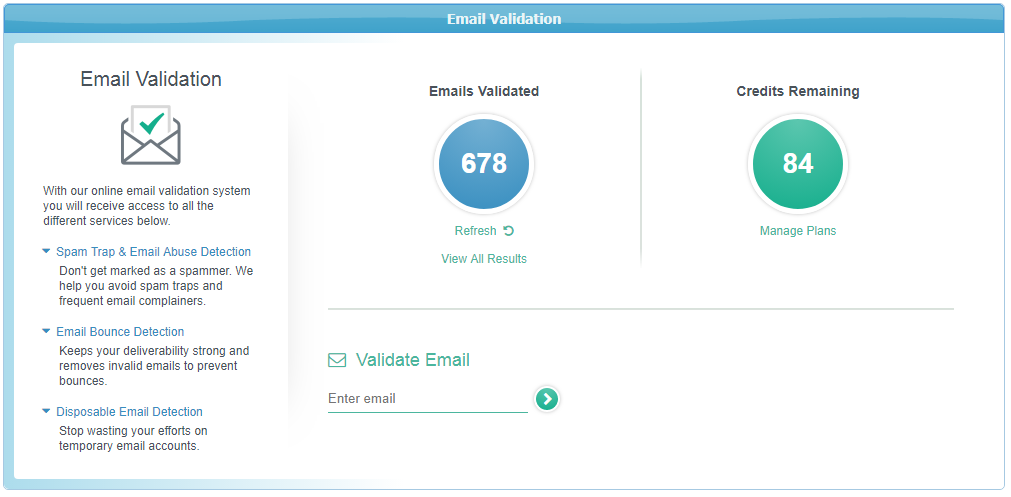 Email Validation page showing usage, remaining credits, and individual email validation